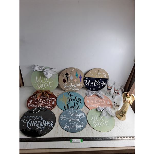(9) Hanging Holiday Signs, Angel Ornament, Beer Glasses