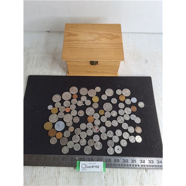 Wooden Box w/Assorted Coins - Mostly Canadian & US