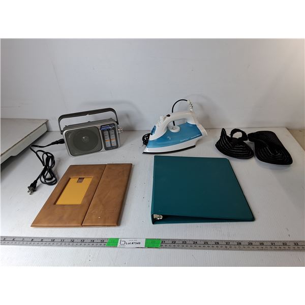 Proctor Silex Iron, Panasonic Radio- Both Power On,  Binder, Misc.