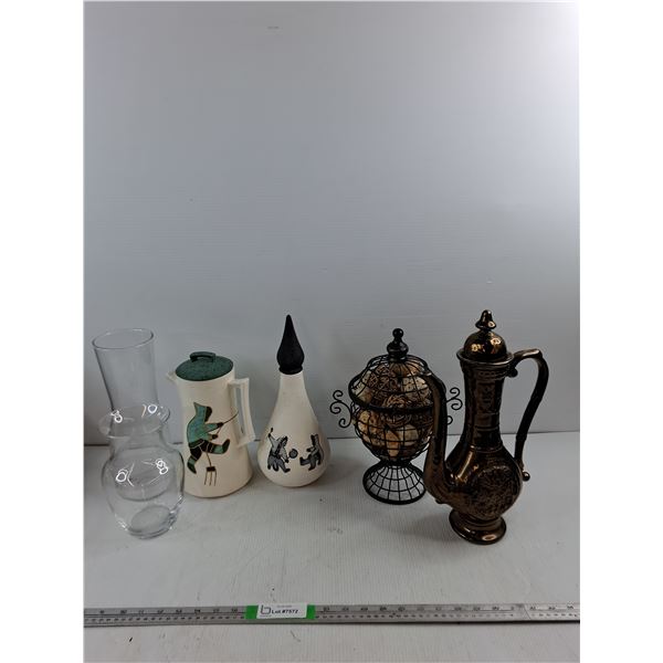 Ceramic Pitcher 9.5", Ornate Metal Pitcher 14", Decorative Metal Wire Cage, (2) Vases Up To 11.5"