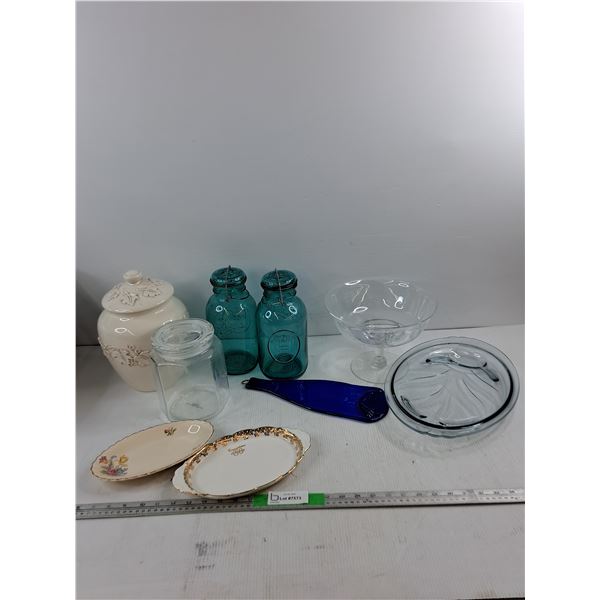 Ball "Ideal" Aqua Blue Glass Canning Jars, Compote Dish, Serving Platter,  Blue Flattened Wine Glass