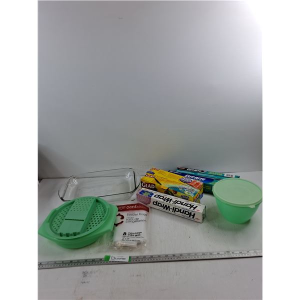 Anchor Baking Dish 9"x13", Freezer Bags, Grater, Sarandon Wrap, Zipper Storage, Tupperware Container