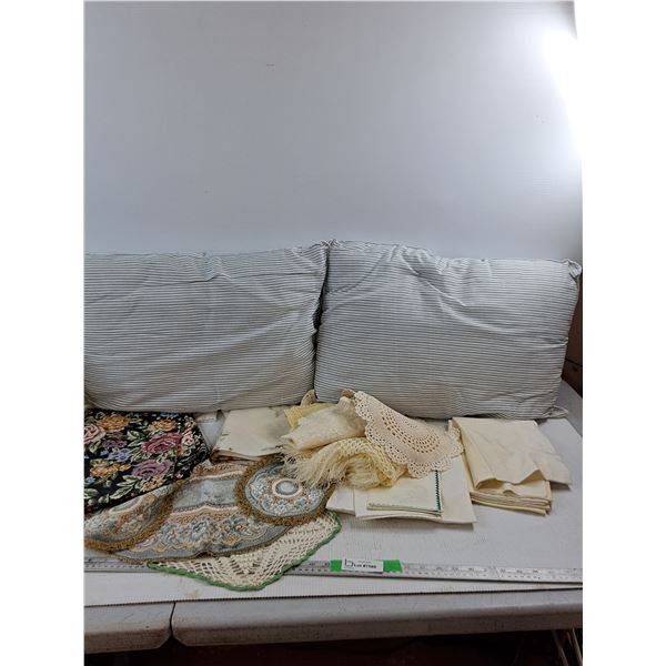 Various Doilies And Table Clothes, (2) Pillows