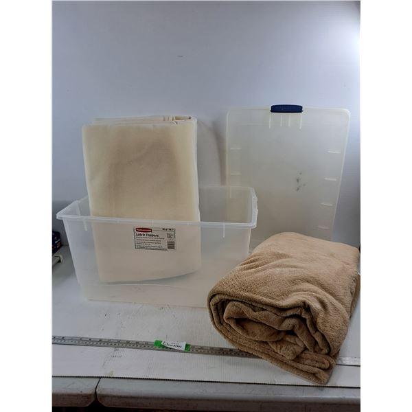 (2)Throw Blankets In Rubbermaid Plastic Storage Bin, Pickup Only for Bin