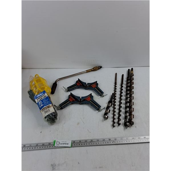 Brass Nozzle Blowtorch, Auger Drill Bits, Corner Clamps Emergency Trouble Light