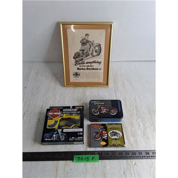 Harley-Davidson Memorabilia- Framed Ad, NIB Die Cast Model, Tin, Playing Cards