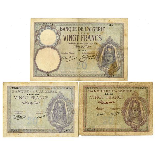 Algeria. Banque de l'Algerie, 1929 to 1945, Issued Banknote Trio.