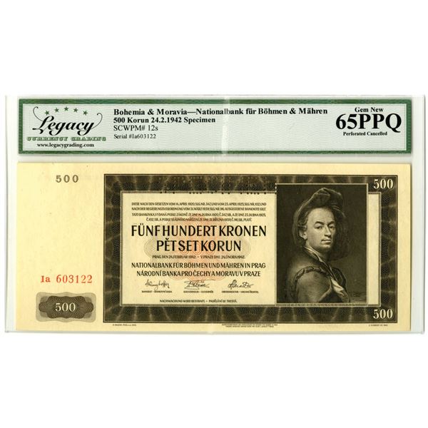 Bohemia & Moravia. National Bank of Bohemia & Moravia, 1942, Specimen Banknote.