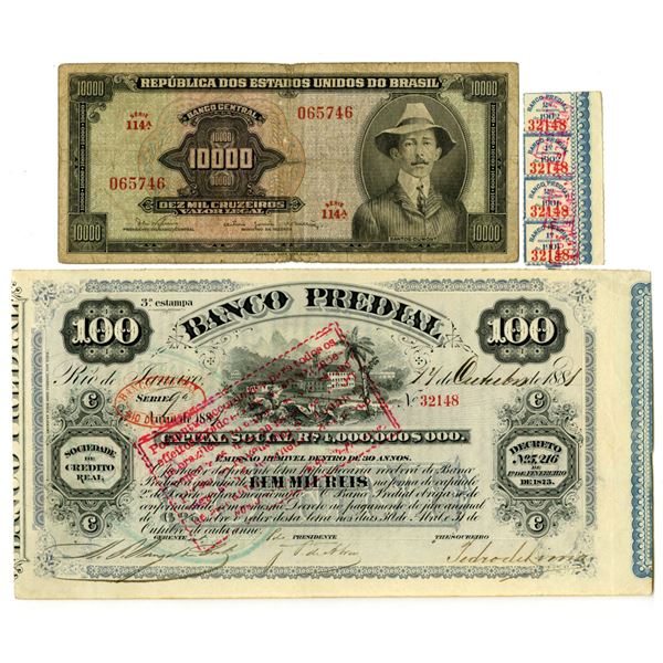Brazil. Banco Predial Bond and Banco Central, 1881 to ca.1965, Issued Banknote and Bond.