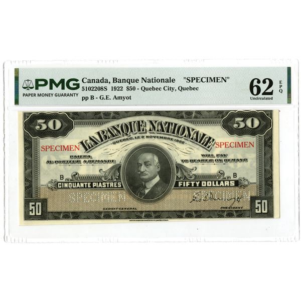 Canada. Banque National - Quebec City, 1922, Specimen Banknote.