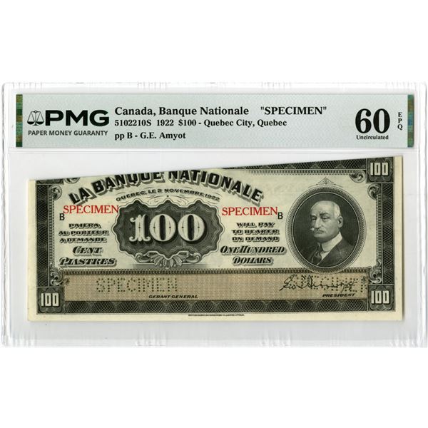 Canada. Banque National - Quebec City, 1922, Specimen Banknote.