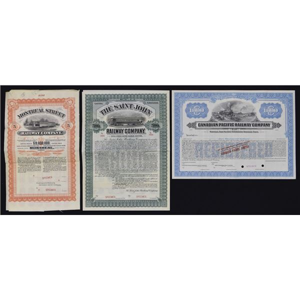 Canada. Specimen Railroad Stock and Bond Trio, ca.1900 to 1971