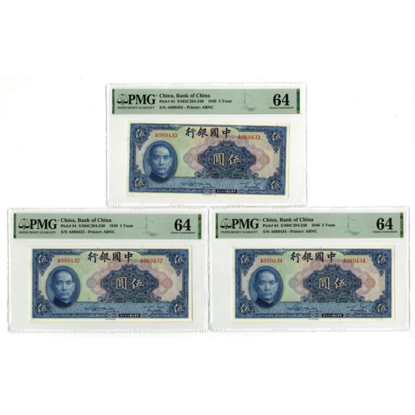 China. Bank of China, 1940, Sequential Issued Banknote Trio.