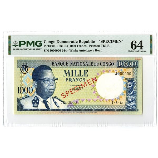 Banque Nationale du Congo, 1964, Specimen Banknote.