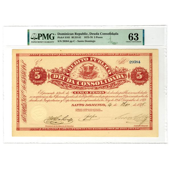 Dominican Republic. Credito Publico-Deuda Consolidada, 1875 to 1876, Issued Bond.