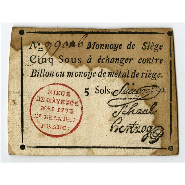 France. French Revolutionary War Siege Note, Siege of Mainz, 5 Sols, 1793