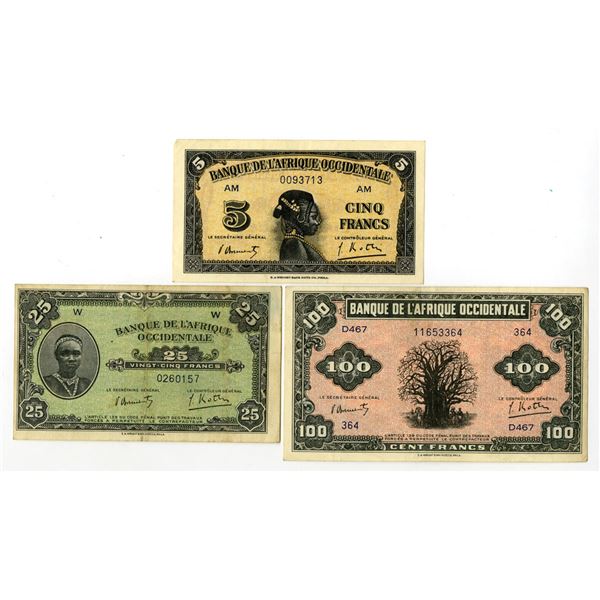 French West Africa. Banque de l'Afrique Occidentale, 1942, Issued Banknote Trio.