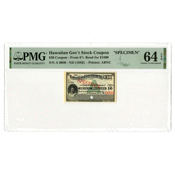 HI. Hawaiian Government Stock Coupon from a 6%, $1000 Bond, ND (1882), Specimen Stock Coupon.