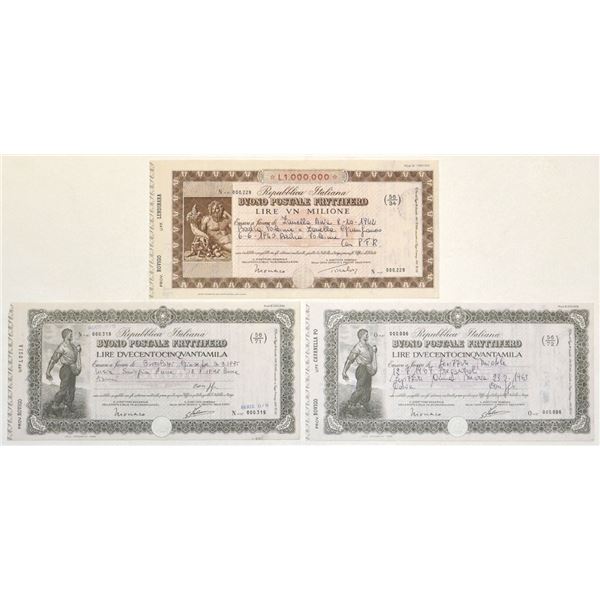 Italy. Buoni Postali Fruttiferi, 1939 to 1963, I/C Postal Savings Certificate Trio.