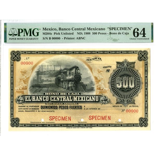 Mexico. "Bono de Caja" Banco Central Mexicano, ND (1908), 500 Pesos Specimen Banknote..