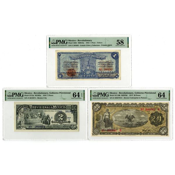 Mexico. Gobierno Provisional and Estado Libre y Soberano, 1914 to 1916, Issued Banknote Trio.