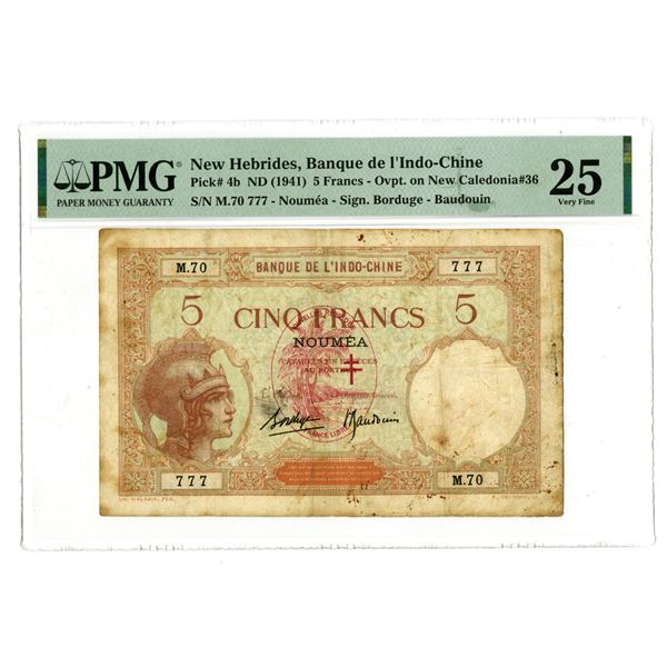 New Hebrides. Banque de l'Indo-Chine, 1941, Issued Banknote with Solid Sevens S/N M.70-777,