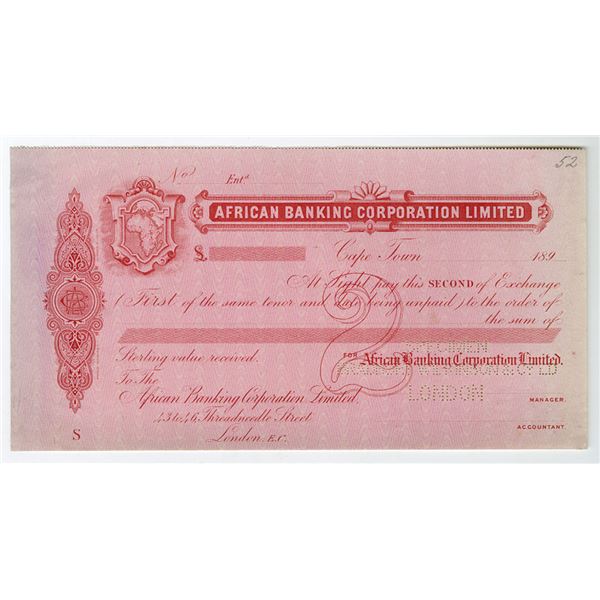 South Africa. African Banking Corp. Ltd., ND (1890s), 2nd of Exchange Specimen by BW&C.