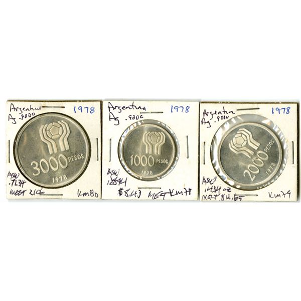 Argentina, 1978 World Cup Commemorative Silver Trio, 1000, 2000 & 3000 Pesos