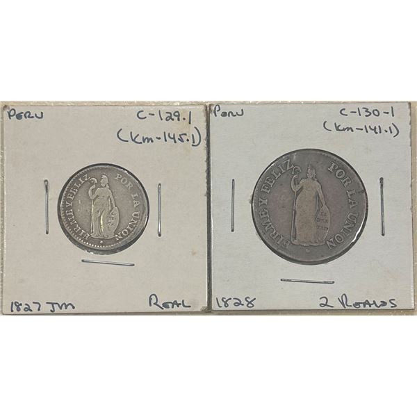 Peru, 1827-1828, 1 Real & 2 Reales Pair, C-129.1 & C-130-1 (KM-145.1 & KM-141.1)