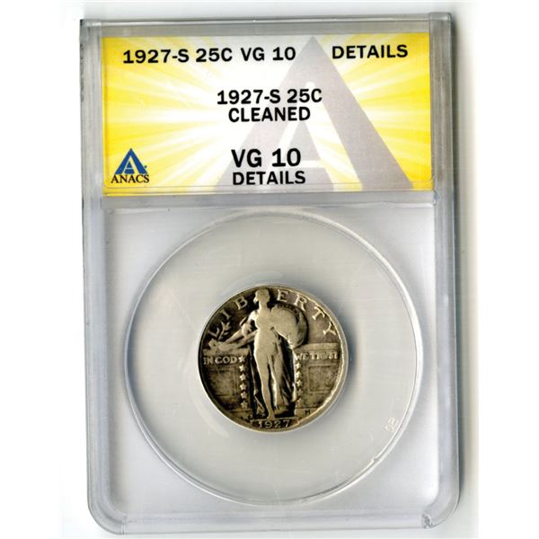 1927-S 25c Standing Liberty Quarter ANACS VG 10 Details, Cleaned
