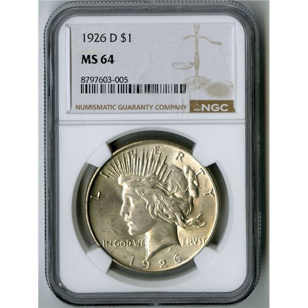U.S., Peace Silver Dollar, 1926-D, $1, NGC MS 64 Uncirculated