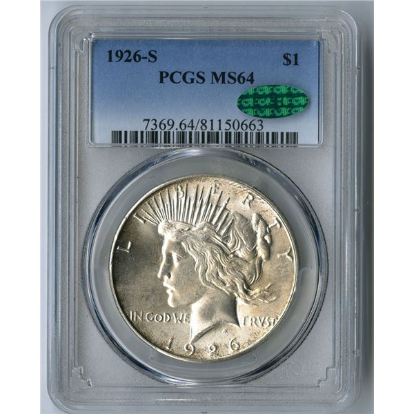 U.S., Peace Silver Dollar, 1926-S, $1, PCGS MS 64 Uncirculated, CAC Sticker