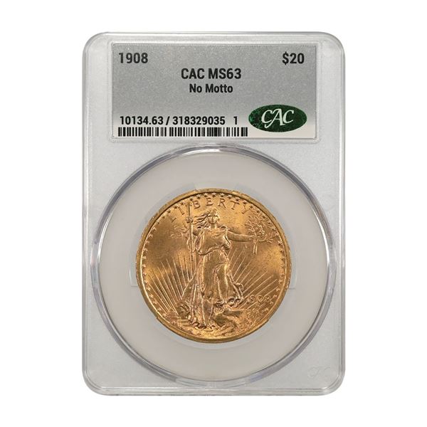 U.S., Saint-Gaudens Double Eagle, 1908, $20 Gold, No Motto, CAC MS 63 Uncirculated