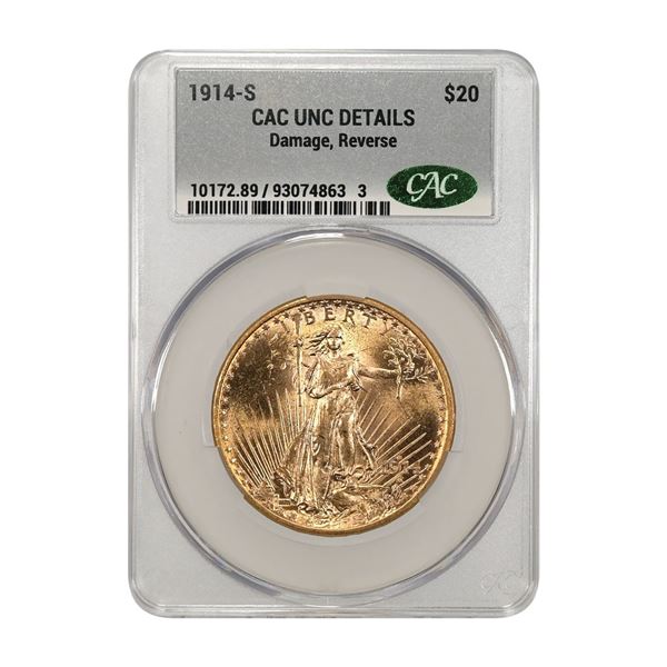 U.S., Saint-Gaudens Double Eagle, 1914-S, $20 Gold, CAC UNC Details (Damage, Reverse)