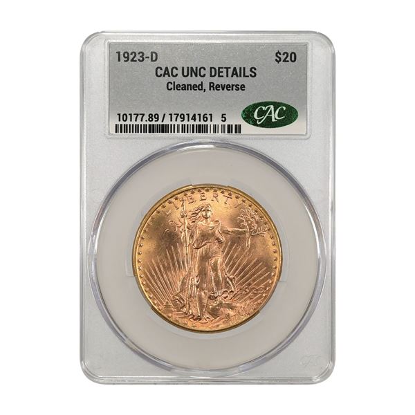 U.S., Saint-Gaudens Double Eagle, 1923-D, $20 Gold, CAC UNC Details (Cleaned, Reverse)