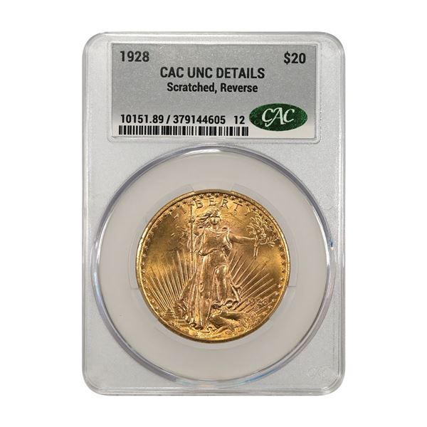 U.S., Saint-Gaudens Double Eagle, 1928, $20 Gold, CAC UNC Details (Scratched, Reverse)