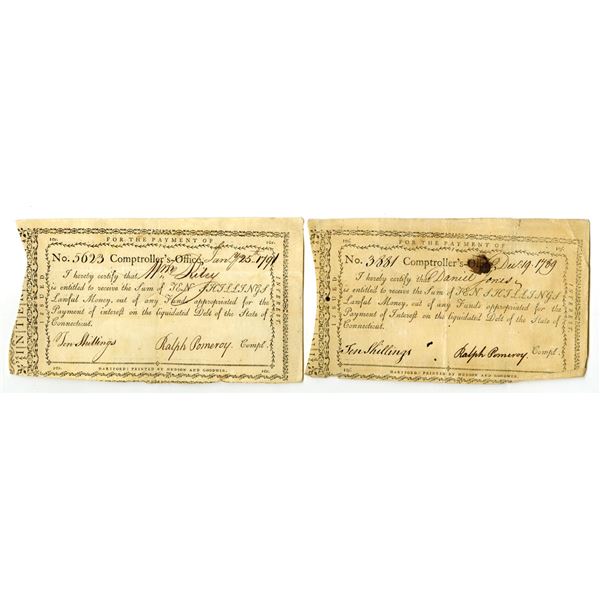 CT. Connecticut Comptroller's Office, 1789 and 1791, I/C Payment Certificate Pair.