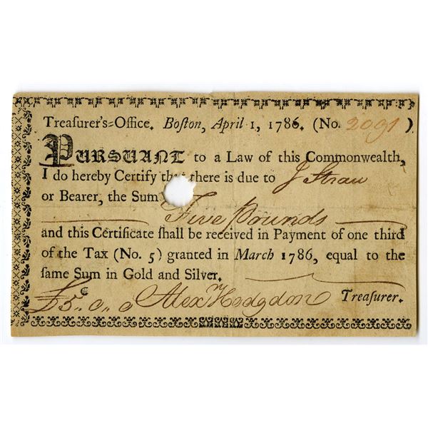 MA. Massachusetts Treasury Note, Five Pounds, Boston, 1786
