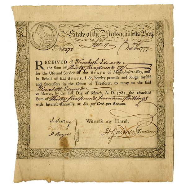 MA. State of Massachusetts-Bay, 1777 Revolutionary War Loan Certificate.