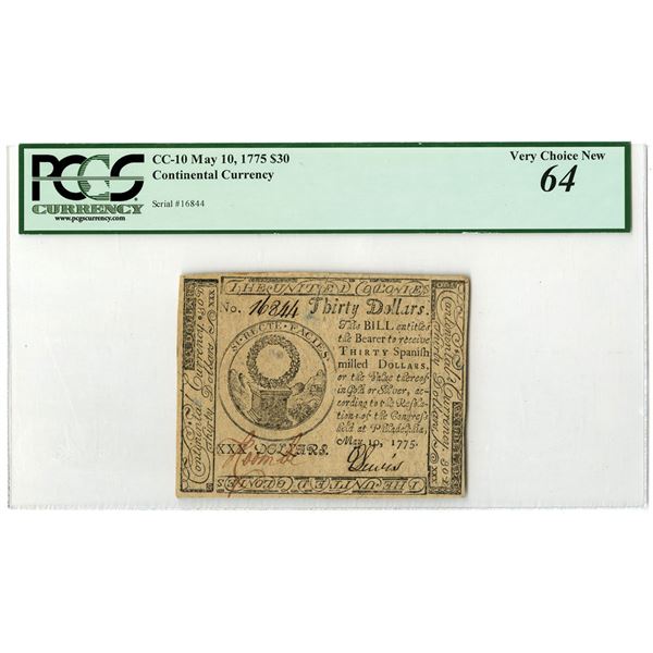 PA. Continental Currency,  Congress First Issue, $30, May 10, 1775, Issued Banknote.