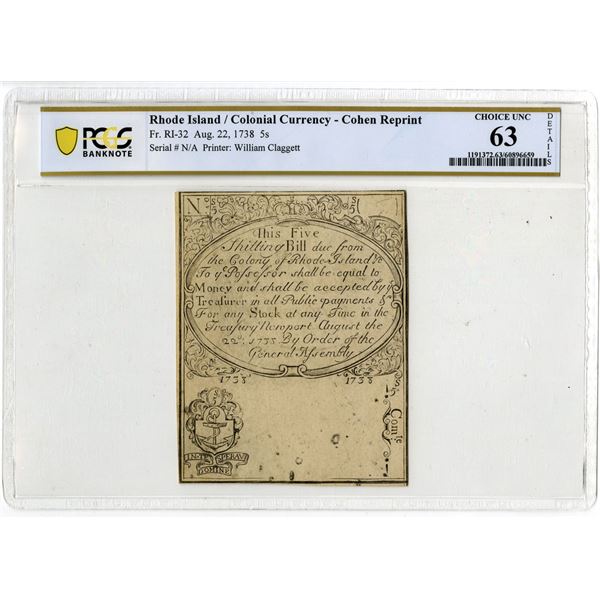 RI. Colony of Rhode Island, August 22, 1738, 5 Shillings, Cohen Reprint (Fr.# RI-32), PCGS Choice Un