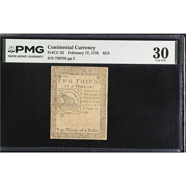 U.S. Continental Currency, February 17, 1776, $2/3 (Fr.# CC-22), Issued Banknote, PMG Very Fine 30