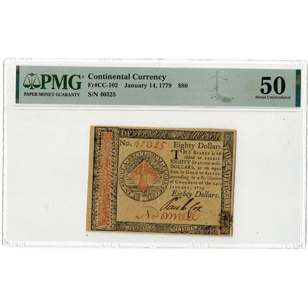 U.S. Continental Currency, January 14, 1779, $80 (Fr.# CC-102), Issued Banknote, PMG About Uncircula
