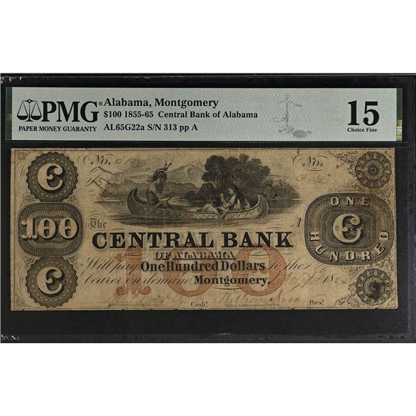 AL. Central Bank of Alabama, Montgomery. $100 Obsolete Banknote, ca. 1855-1865, Haxby AL-65 G22a, PM