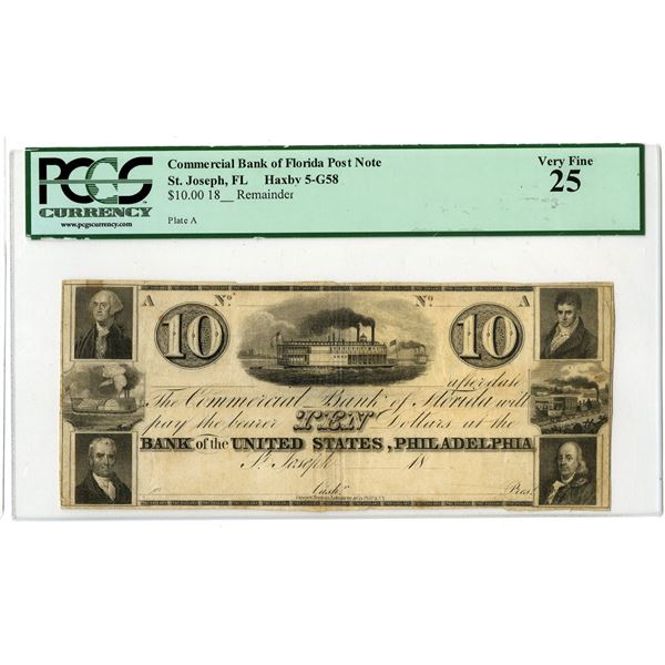 FL. Commercial Bank of Florida, St. Joseph. $10 Post Note Obsolete Banknote, Remainder, PCGS Very Fi