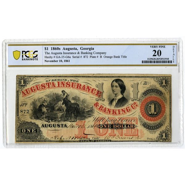 GA. Augusta Insurance & Banking Company, Augusta. $1 Obsolete Banknote, 1861, Haxby GA-35 C6a, PCGS 