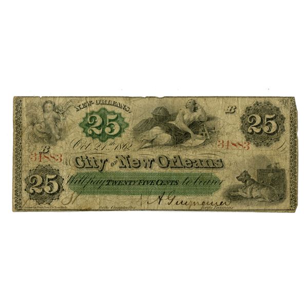 LA. City of New Orleans, 1862, 25 Cents Issued Obsolete Scrip Note