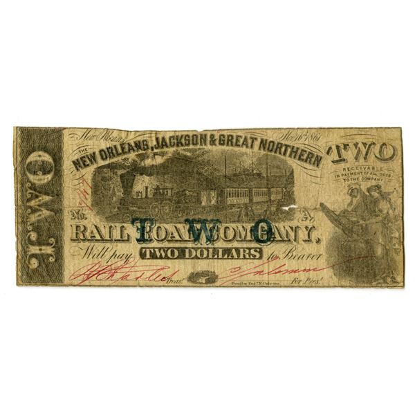 LA. New Orleans, Jackson & Great Northern Rail Road, Co., 1861, $2, Issued Obsolete Scrip Note