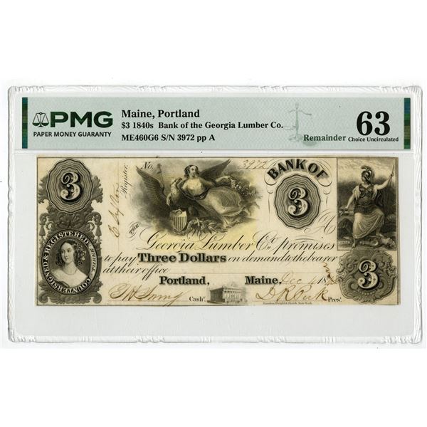 ME. Bank of the Georgia Lumber Co., Portland. $3 Obsolete Banknote, ca. 1840s, Remainder, Haxby ME-4