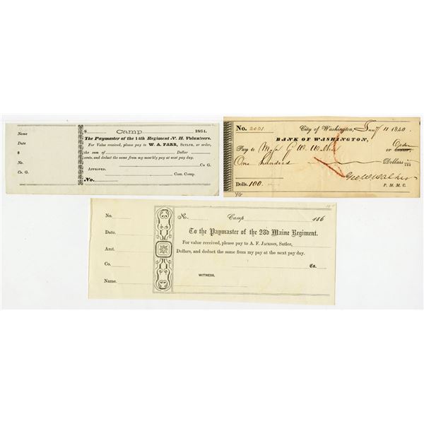 ME. NH. D.C., Group Lot of 3 American Sutler and Bank Documents, 1840-1864